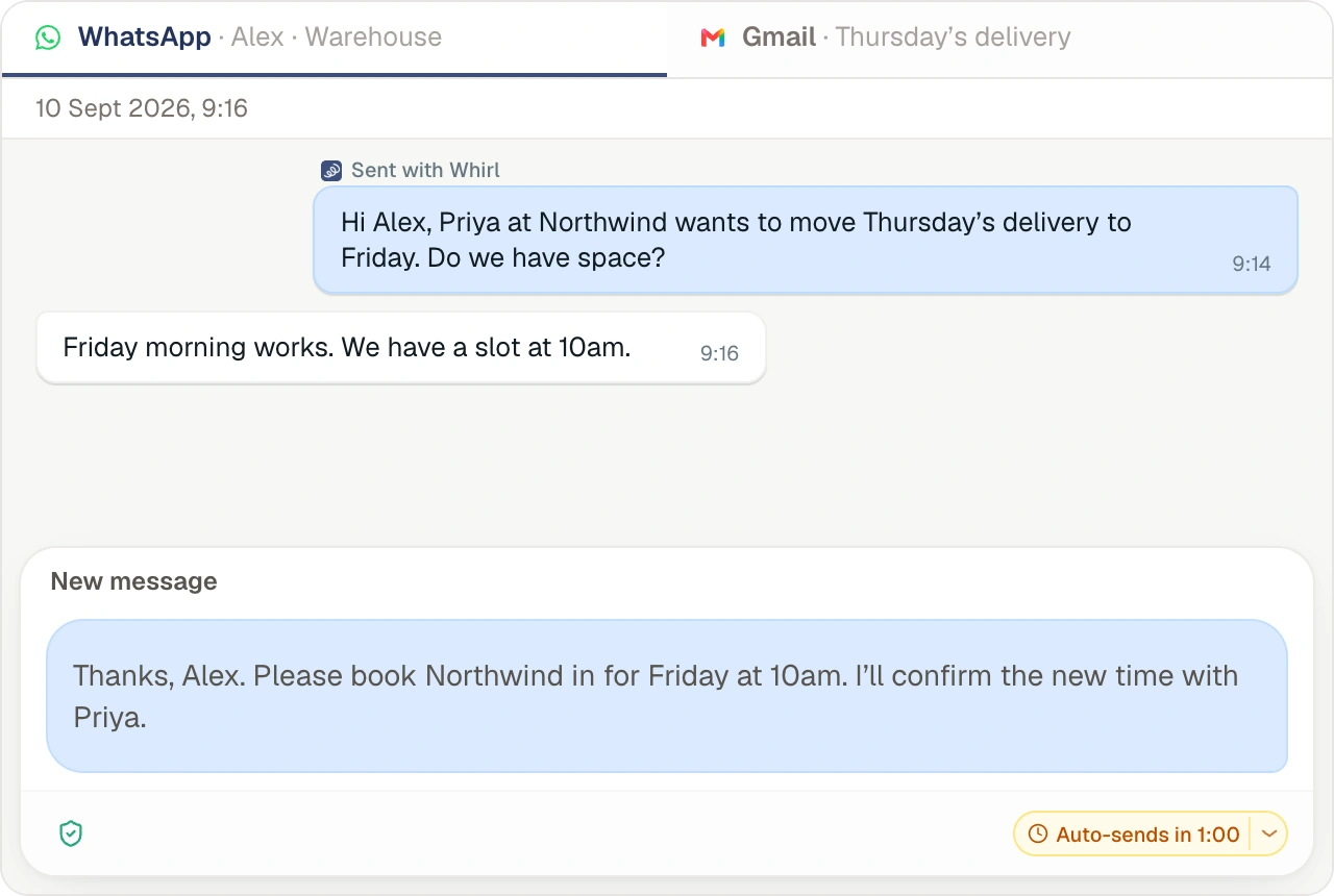 Whirl task with WhatsApp and Gmail conversation tabs. Alex confirms a delivery slot, and Whirl’s reply is auto-approved with one minute until it sends.