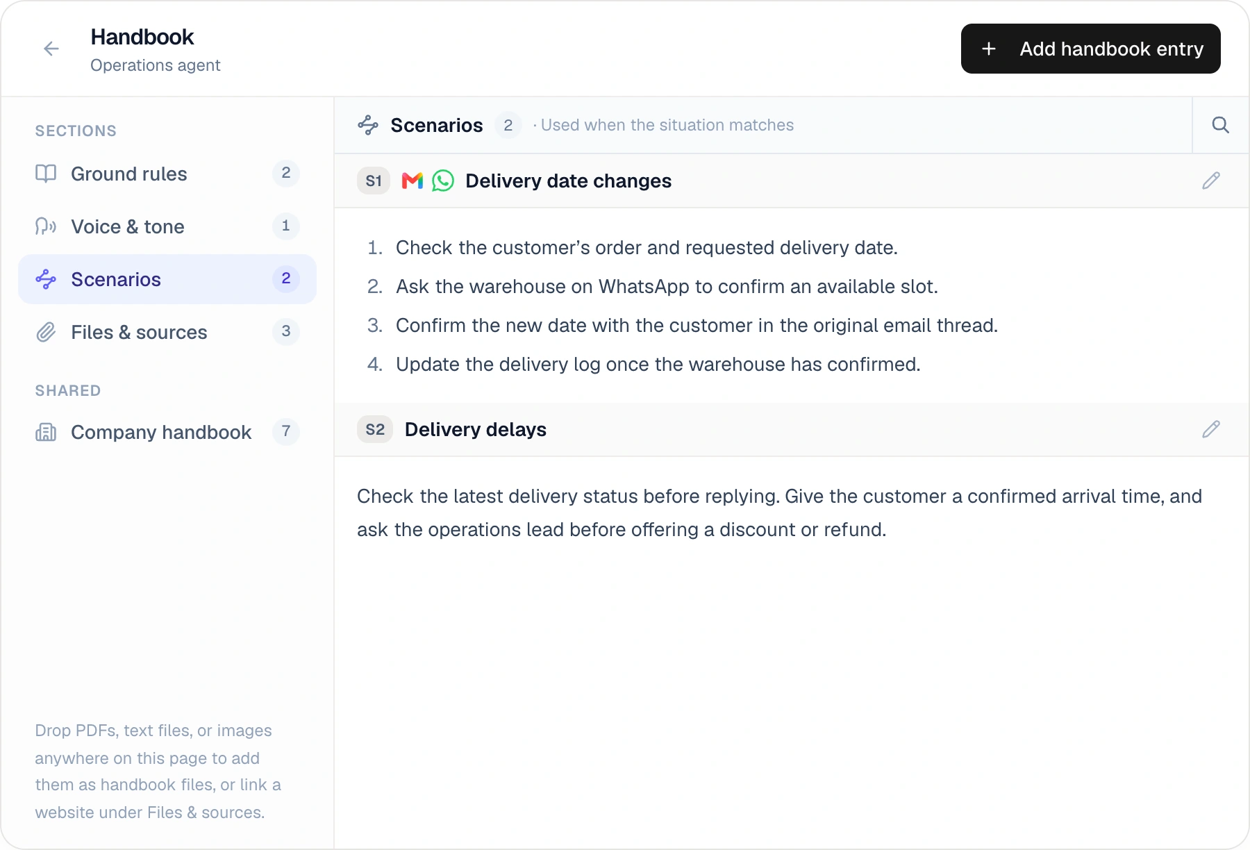 Operations agent’s handbook in Whirl, with Ground rules, Voice & tone, Scenarios and Files & sources. The selected Scenarios section includes instructions for delivery date changes and delays.