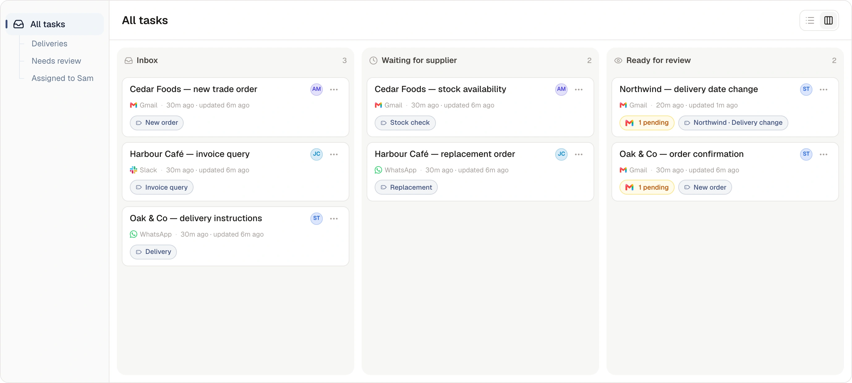 Whirl task board with Inbox, Waiting for supplier and Ready for review columns, customer tasks with tags and assignees, and saved views for Deliveries, Needs review and Assigned to Sam.