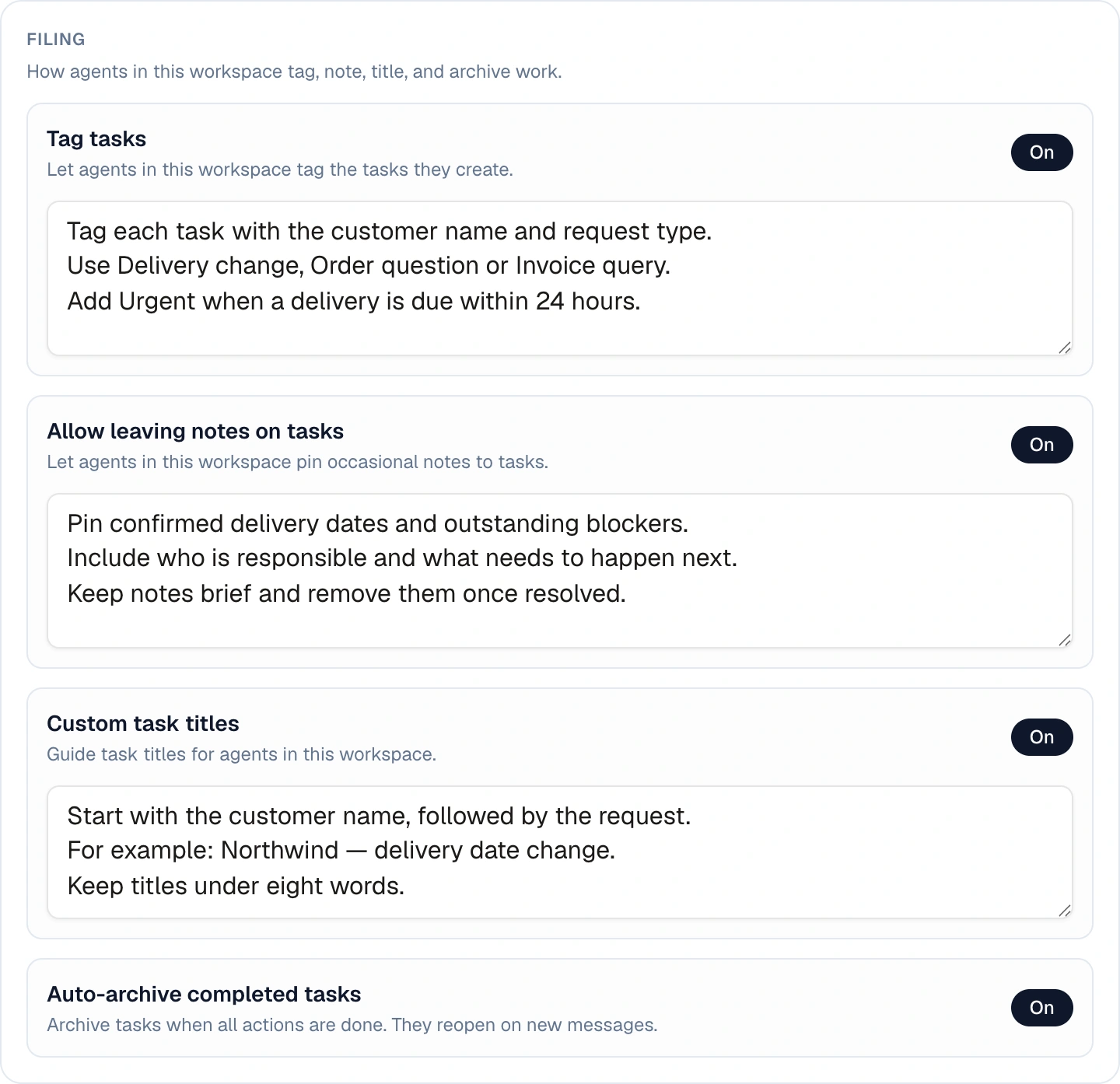 Whirl workspace filing settings with instructions for customer and request tags, pinned notes and task titles, plus automatic archiving of completed tasks.